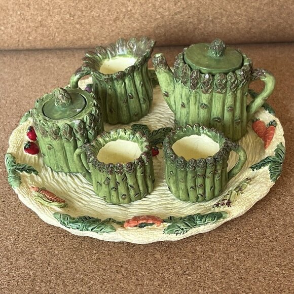 Vtg 90s Miniature Resin Asparagus Tea Set Mini Doll House Plate Garden Cottage - Picture 1 of 16
